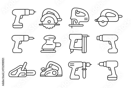 Set of linear electric tool icons for construction and diy projects