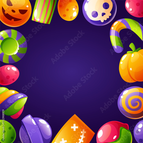 A square Halloween candy frame on a dark background. The wreath features lollipops and candies shaped like worms, pumpkins, and skulls. The template is perfect for party invitations or greeting cards