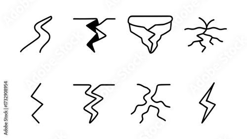 Eight unique black line symbols of cracks and fractures