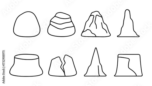 Collection of simple linear rock and mountain icons in black and white