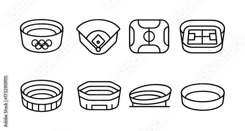 Simple outline icons of various sports arenas and stadiums