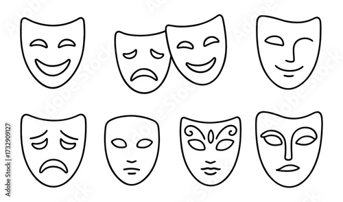 Minimalist theater masks collection depicting comedy and tragedy in line art style