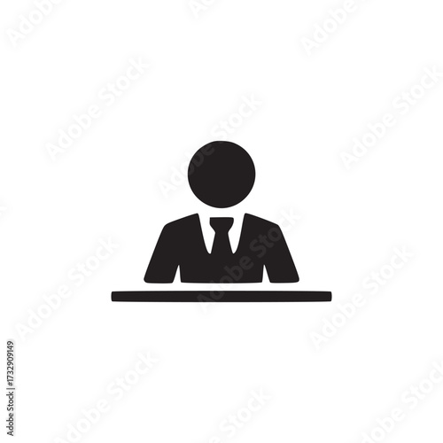 Vector art of a minimalist black icon of a businessman sitting at a desk, representing professionalism, corporate environment, and office work, suitable for websites and applications