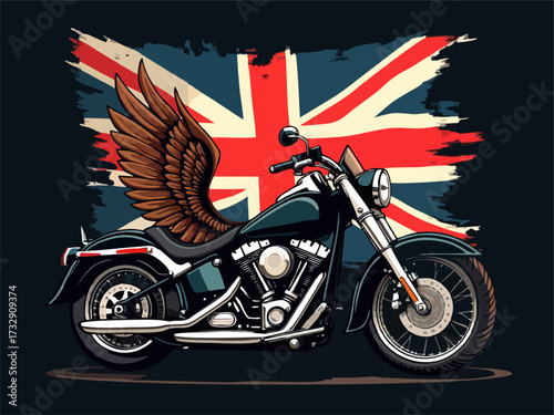 Vector design with drawing biker motorcycle with torn national United Kingdom flag, 
wing on black background. 
Fashion t-shirt print for fabric, paper, men clothing,
hoodie, biker jacket. 