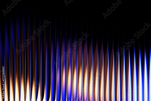 Fototapeta Naklejka Na Ścianę i Meble -  Neon ribbed fractal glass 3d background with vertical striped texture and blue yellow radiant gradient. Abstract black bg with bright line pattern and wave fluorescent light effect. 3D illustration