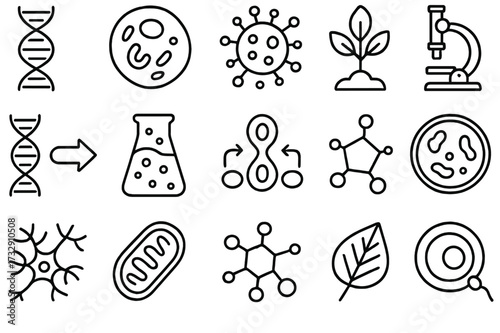 Various scientific symbols representing biology, microbiology, and research techniques on a clean background