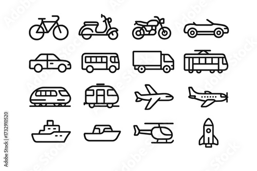 Various modes of transportation in simple line art style displaying cars, bikes, planes, and more
