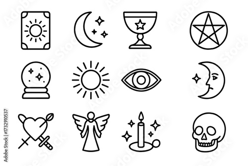 Various mystical symbols featuring celestial bodies, objects of divination, and magical themes in a simple black outline style
