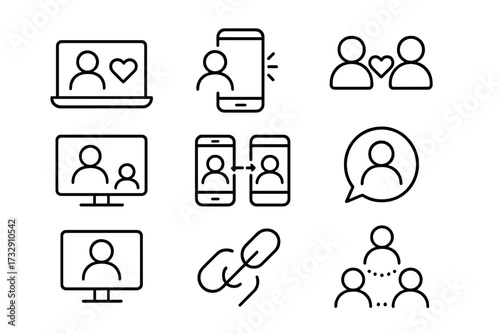 Digital connection icons representing social media interactions and remote communication during online activities