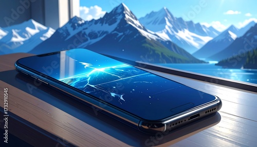 Fototapeta Naklejka Na Ścianę i Meble -  Futuristic phone on a wooden balcony with a mountain lake view