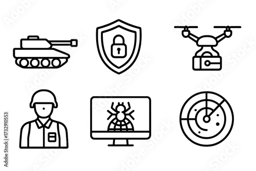 Military technology and cybersecurity icons represented in a simple digital graphic