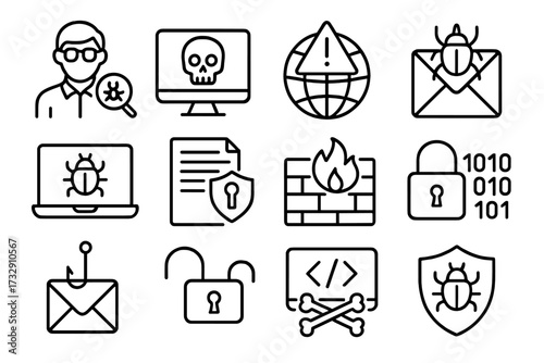 Icons representing cybersecurity concepts such as malware, data protection, and online safety in a modern digital context