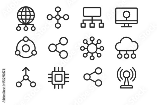 Various simple icons representing technology concepts and network connectivity in black and white style