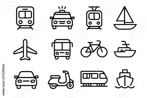 Various modes of transportation are depicted through simple line drawings in a grid format showcasing common vehicles and travel methods