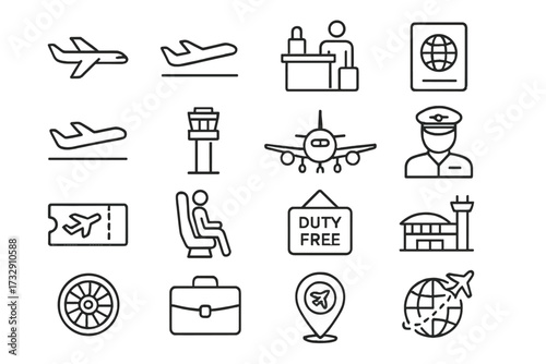 Travel icons depicting airport activities and services in a simple, clean design for easy understanding