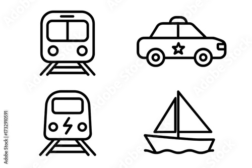 Different modes of transportation featured in simple line art collection