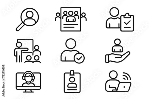 Icons representing job recruitment processes, team collaboration, and online communication tools for modern workplaces