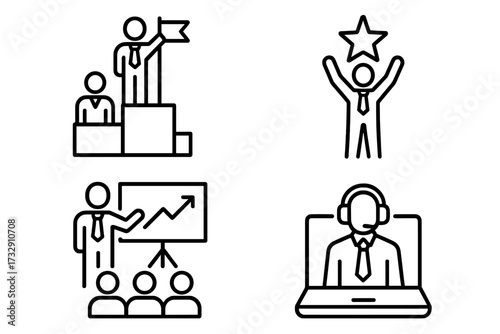 Leadership and achievement icons showcasing success, teamwork, and guidance in a modern setting