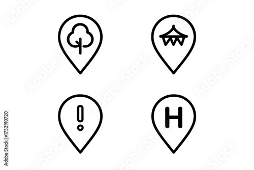 Map markers representing various points of interest in a simplified design with symbols for nature, events, alerts, and accommodation