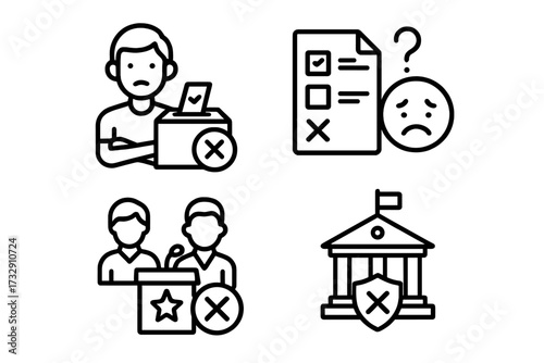 Voting process concerns shown through simple illustrations including ballots, citizens, and a government building