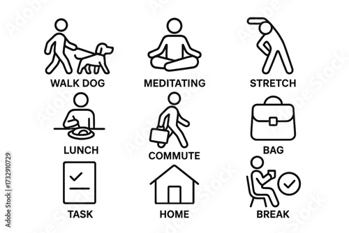 Daily activities illustrated in a simple graphic showing various everyday tasks and routines for a balanced lifestyle