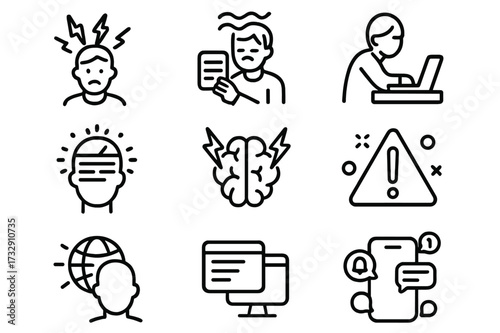 Illustrations representing various aspects of stress, anxiety, and digital communication in a modern setting