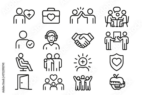 Icons representing health, teamwork, and support in various social and professional settings
