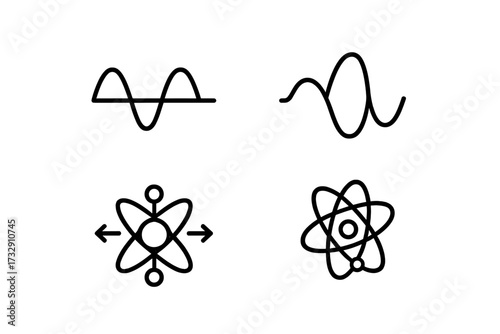 Collection of simple black line icons representing various scientific concepts and phenomena on a white background