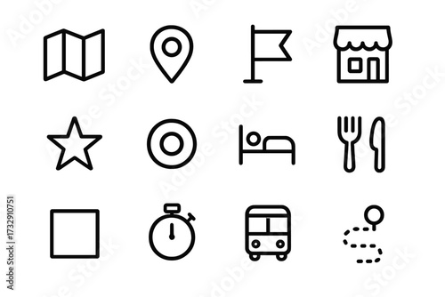 Icons representing travel activities and locations for planning adventures and exploring new places