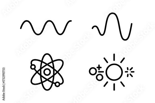 Exploring basic concepts of physics through simple line art illustrations showing waves, atoms, and the sun