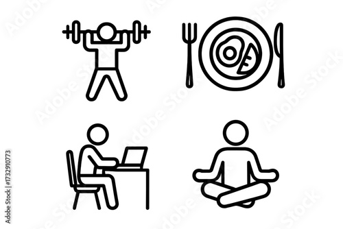 Fitness, nutrition, work, and relaxation activities displayed in a simple graphic for a balanced lifestyle