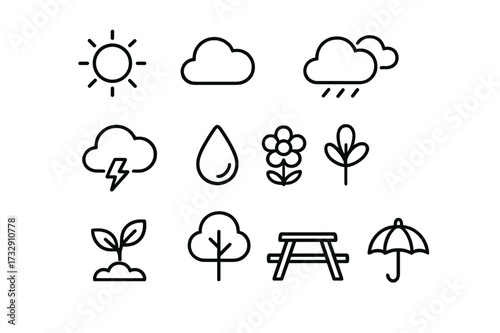 Weather symbols representing sun, clouds, rain, and nature elements in a simple design