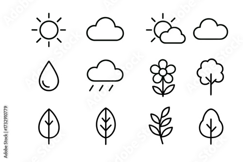 Weather icons representing various conditions such as sun, clouds, rain, and nature elements like flowers and leaves
