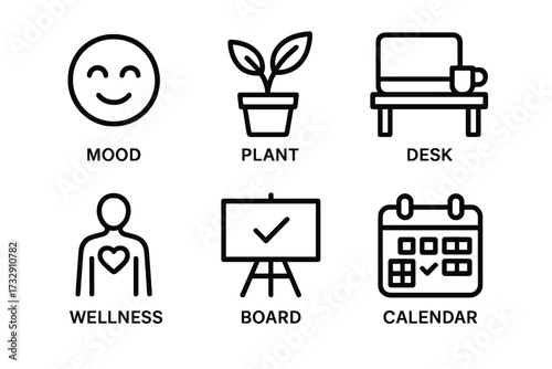 Designing a positive workspace with mood symbols, plants, and wellness-focused elements for productivity