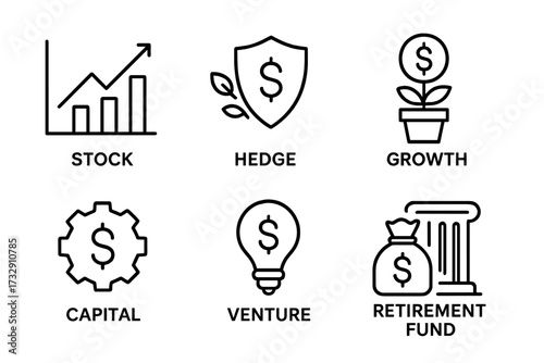 Financial symbols representing investment growth, risk management, and retirement planning in graphical format