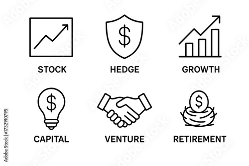 Financial concepts and icons representing stock, hedge, growth, and retirement strategies in a simple design