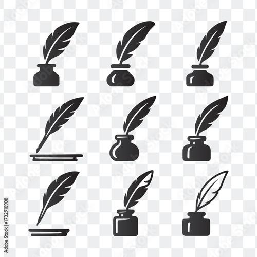 Vintage Feather Quill Inkwell Silhouette Icon Set