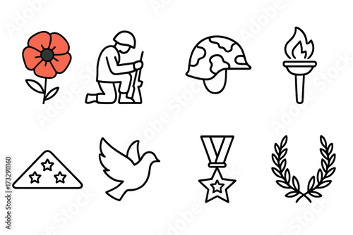 Veterans day, memorial line icon set. honor, military symbols in linear style