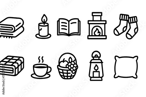 Cozy, comfort line icon set. warmth, relaxation icons outline collection