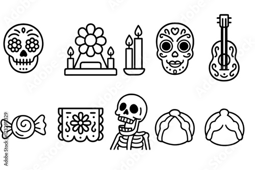 Day of the dead icon set: celebrating with skeleton, skull, and candle icons