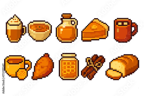 Autumn food icons set. cozy pixel art collection of seasonal treats