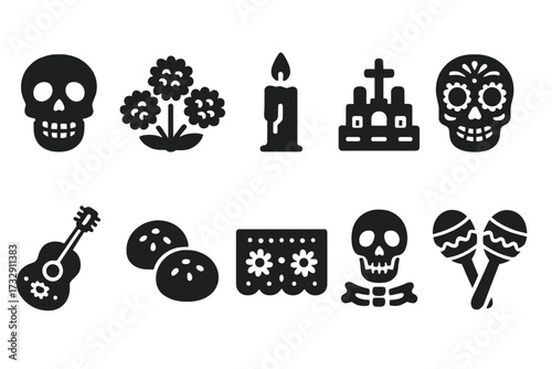 Day of the dead silhouette icon set: skulls, maracas, flowers, guitar, candle symbols