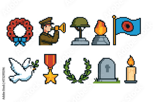 Veterans day pixel icon set. memorial, remembrance in retro 8-bit style collection