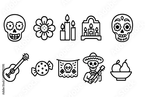 Day of the dead line icon set. skulls, candles, and guitars in outline style.