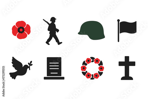 Remembrance day silhouette icon set. poppy, soldier, helmet icons in silhouette style.
