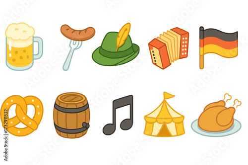 Oktoberfest, german culture flat icon set. festival, beer, music flat icons