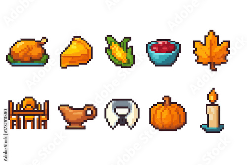 Thanksgiving pixel art icon set. autumn, harvest festival icons in a pixelated style.