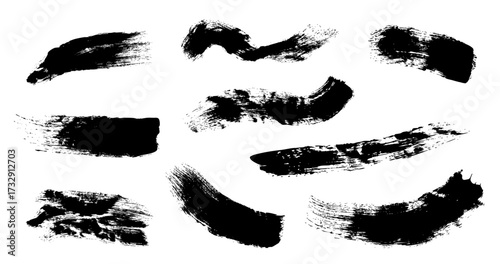 Hand drawn black vector brushes pack isolated on white. Detailed paint splashes. Grungy stripes pattern. Vector illustrator