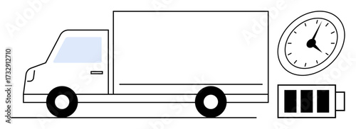 Electric delivery truck in motion, accompanied by a speedometer and battery icon. Ideal for logistics, sustainability, efficiency, technology, transport, innovation and energy themes. Simple flat