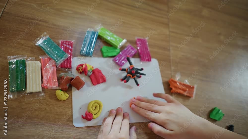 Hands of child shaping colorful modeling clay on white board, surrounded by packets of plasticine in multiple shades, creating imaginative figures with focus, creativity, expression at home